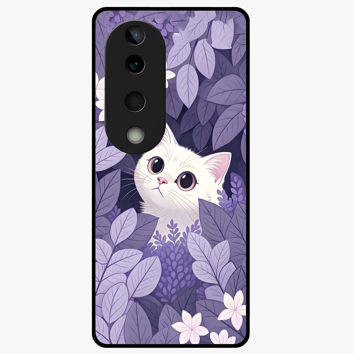Lilac Hide Peek Cat Glass Case showing flat back view with cute peeking cat artwork and glossy glass finish.