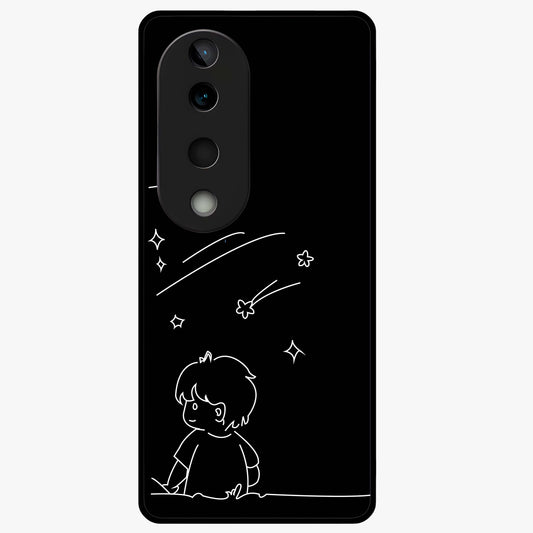 Line Art Boy With Shooting Stars Glass Case showing flat back view with minimal line art boy and shooting stars illustration and glossy glass finish.