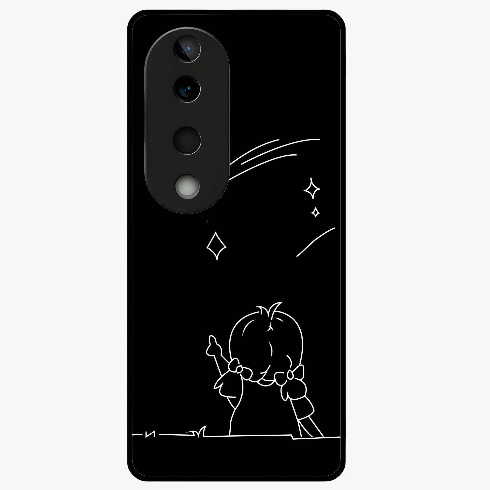 Line Art Girl With Shooting Stars Glass Case showing flat back view with minimal line art girl and shooting stars illustration and glossy glass finish.
