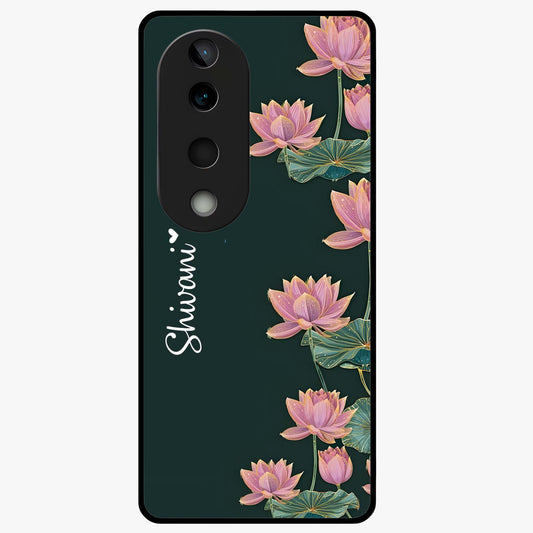 Lotus Bloom Serenity Custom Name Glass Case showing flat back view with elegant lotus flower artwork and personalized name design.