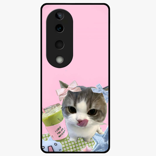 Love Matcha Cat Glass Case showing flat back view with cute cat and matcha themed artwork and glossy glass finish.