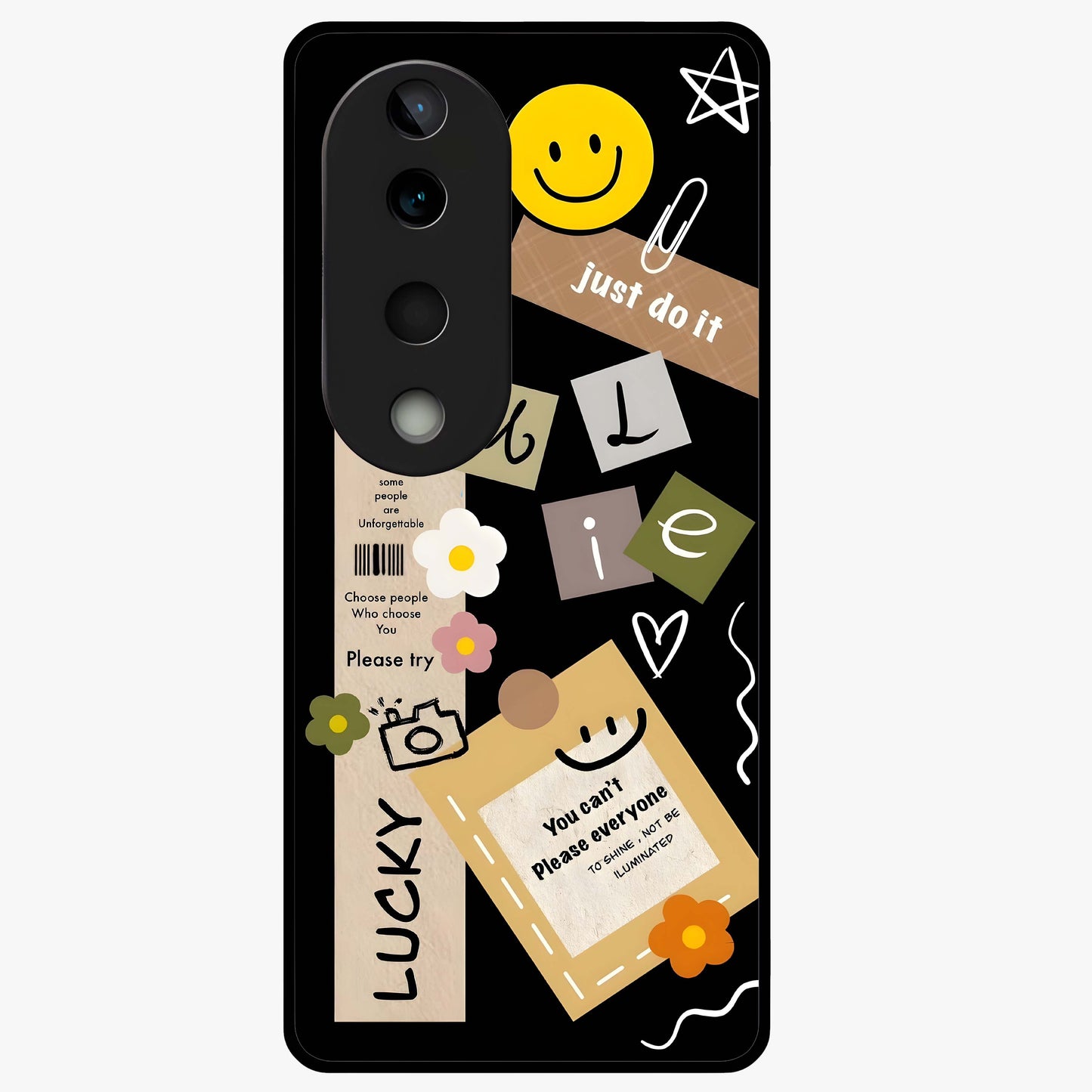 Lucky Aesthetic Collage Glass Case showing flat back view with trendy aesthetic collage artwork and glossy glass finish.