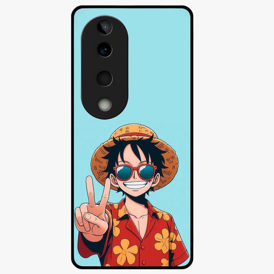 Luffy Summer Anime Vibe Glass Case showing flat back view with vibrant anime character artwork and glossy glass finish.