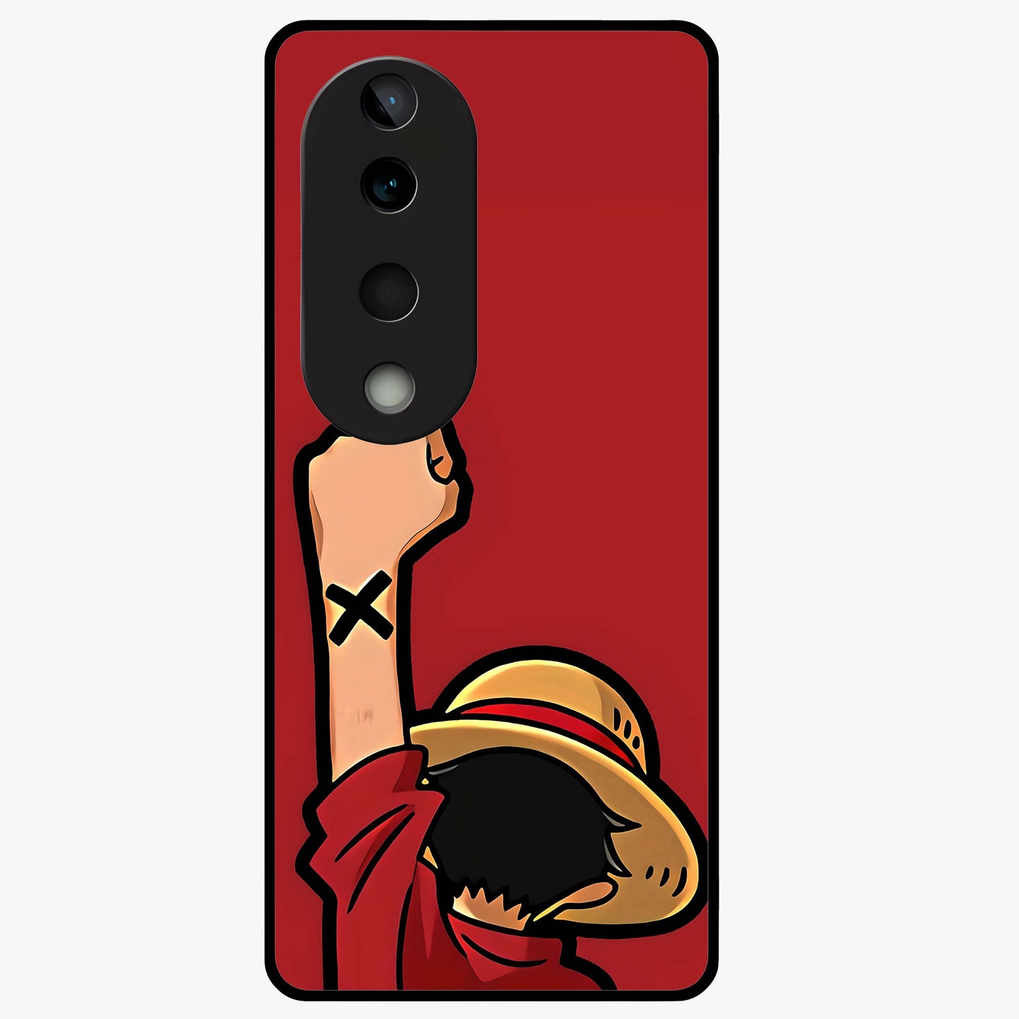 Luffy X Spirit Glass Case showing flat back view with bold anime character artwork and glossy glass finish.