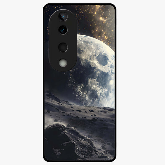 Lunar Horizon Glow Glass Case showing flat back view with glowing moon horizon artwork and glossy glass finish.
