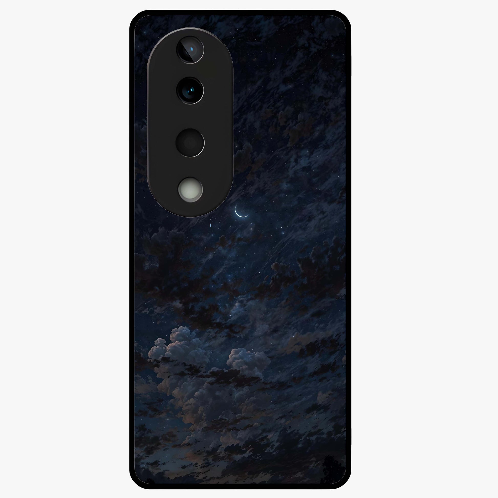Lunar Veil Silence Glass Case showing flat back view with mystical moon veil artwork and glossy glass finish.