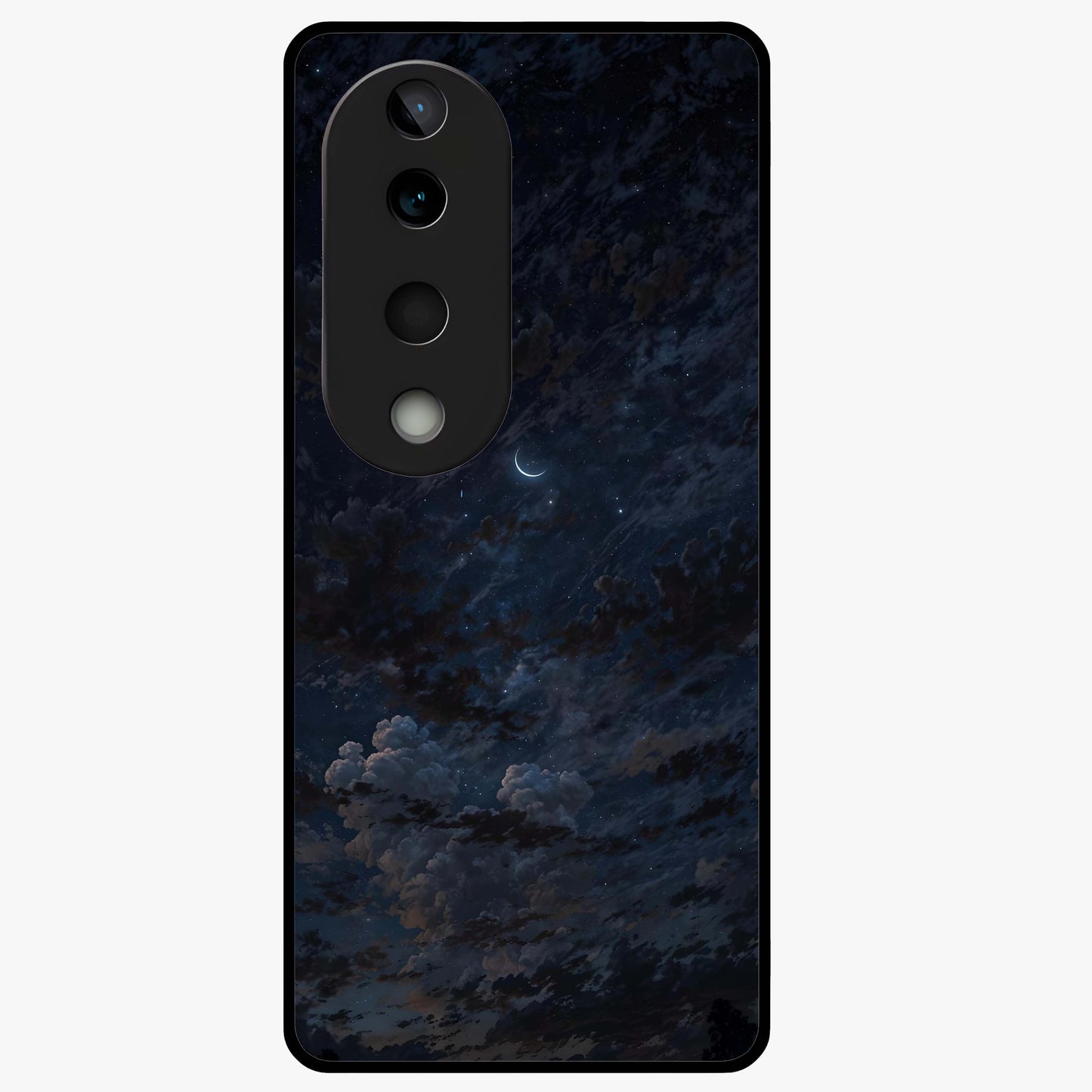 Lunar Veil Silence Glass Case showing flat back view with mystical moon veil artwork and glossy glass finish.