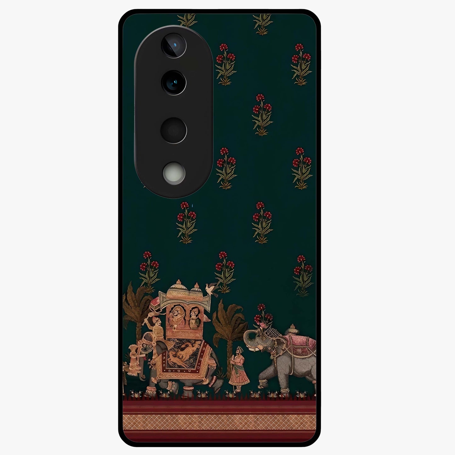 Macmerise Glass Case showing flat back view with stylish modern artwork and glossy glass finish.