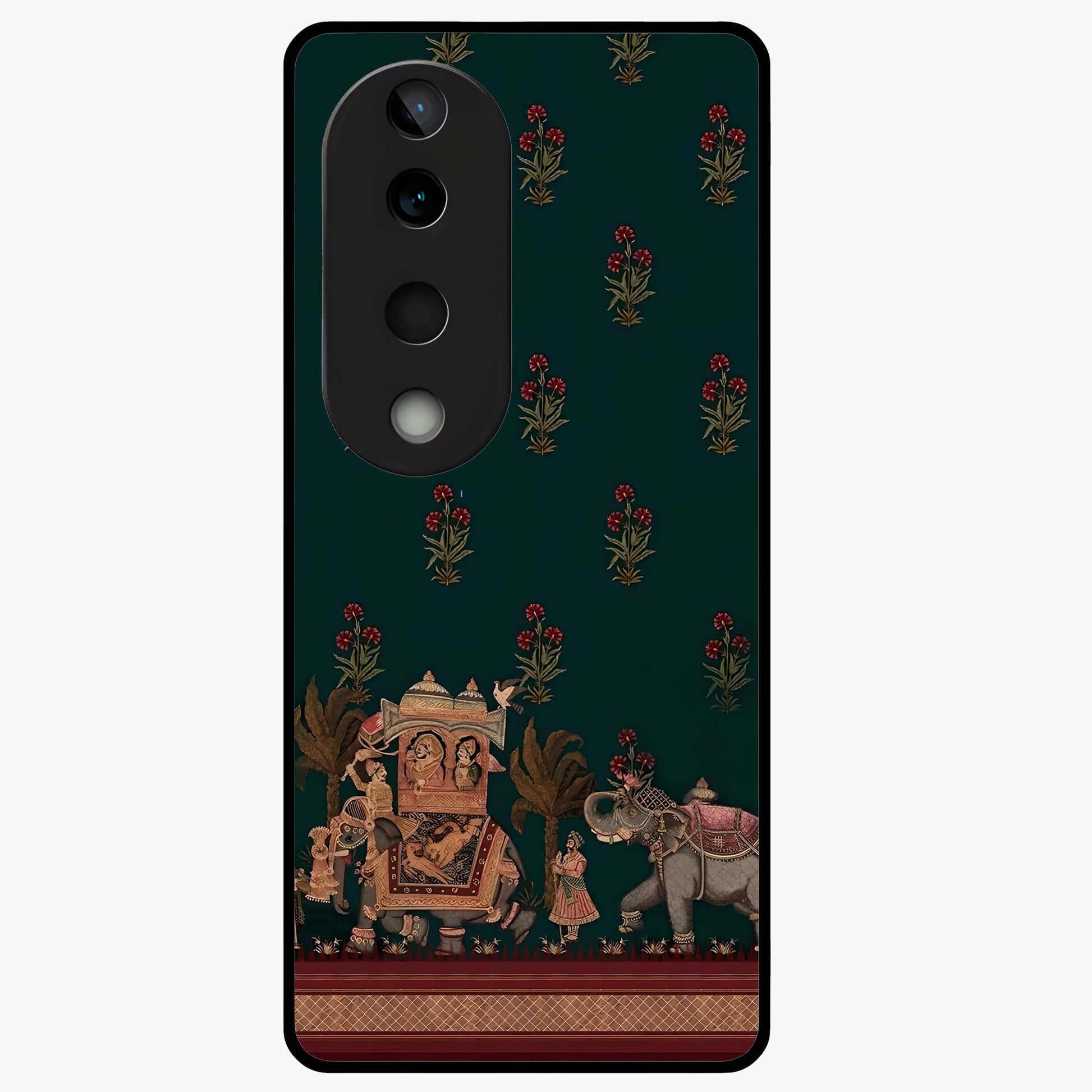 Macmerise Glass Case showing flat back view with stylish modern artwork and glossy glass finish.