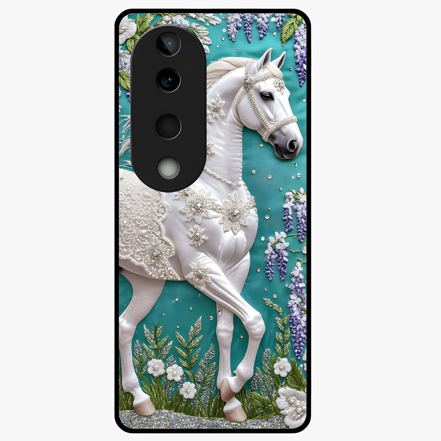 Majestic Floral Stallion Glass Case showing flat back view with powerful horse and floral artwork and glossy glass finish.