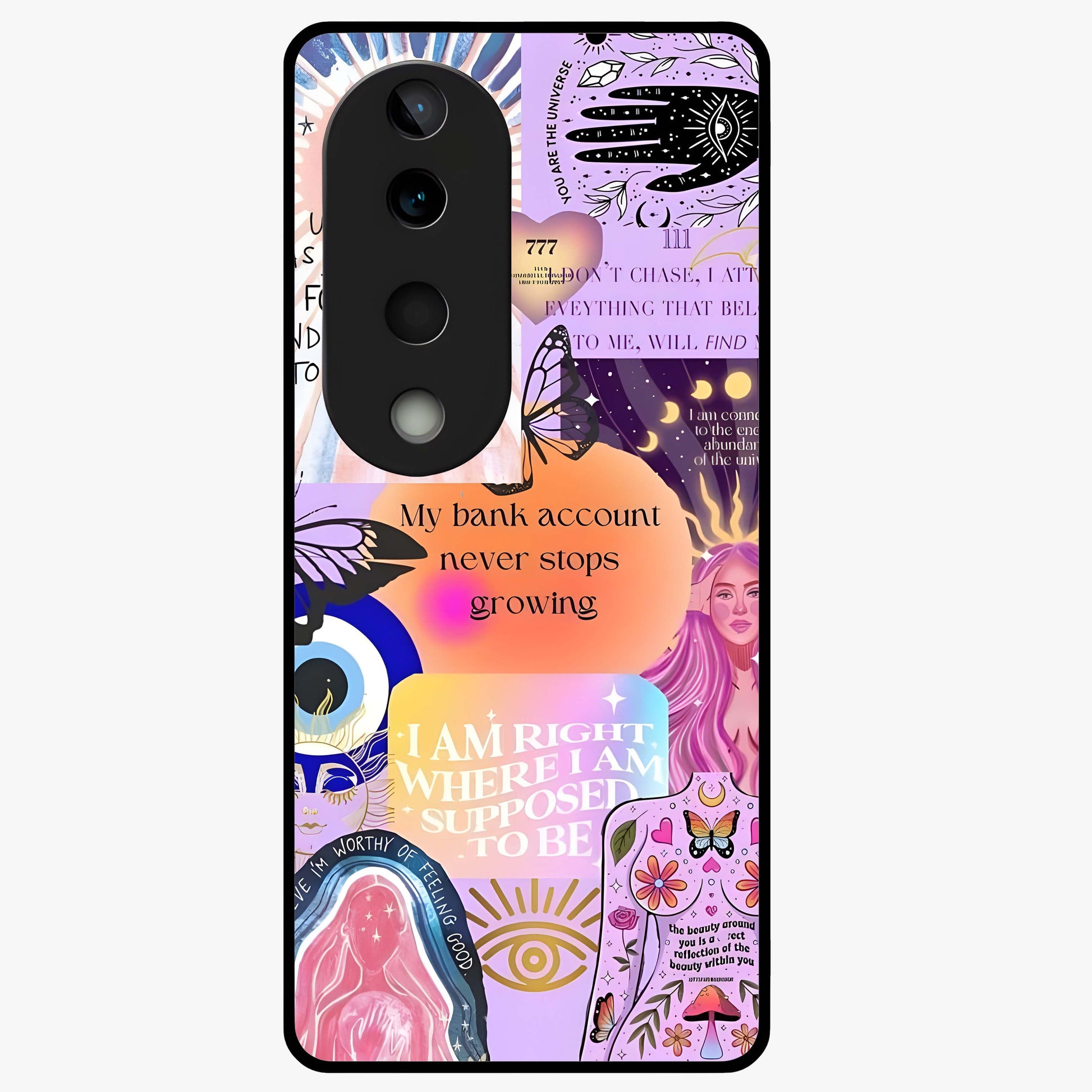 Manifestation Collage Glass Case showing flat back view with motivational collage artwork and glossy glass finish.