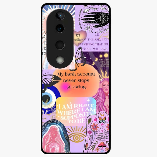 Manifestation Collage Glass Case showing flat back view with motivational collage artwork and glossy glass finish.