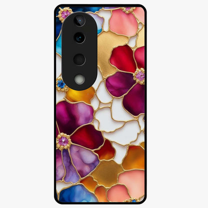 Marble Flower Pattern Glass Case showing flat back view with marble texture floral artwork and glossy glass finish.