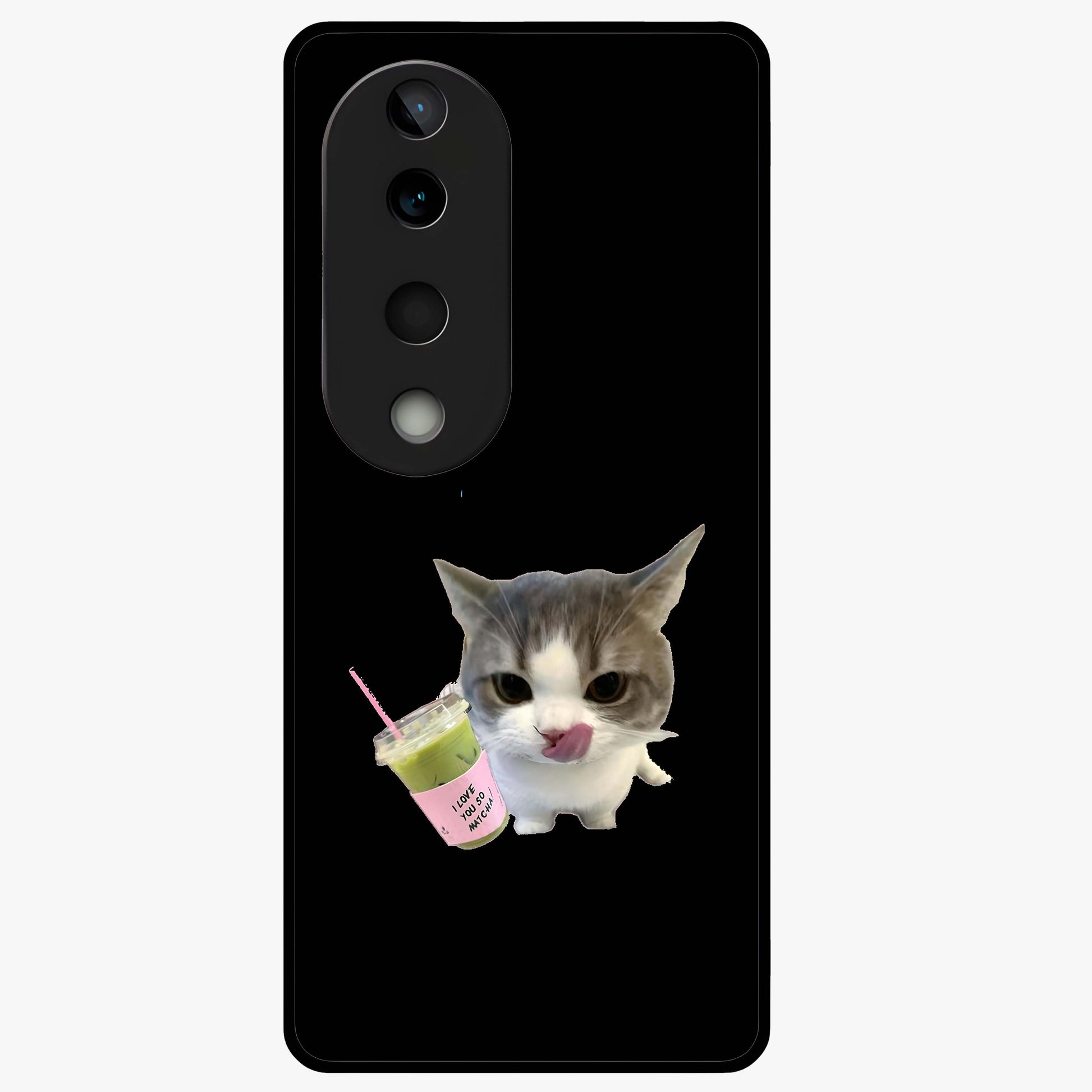 Matcha Cat Style Glass Case showing flat back view with cute matcha themed cat artwork and glossy glass finish.