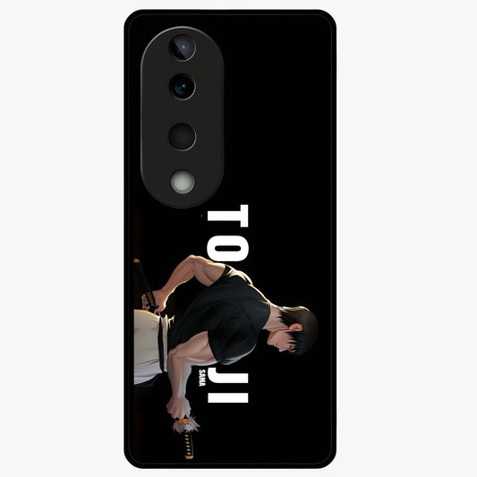 Midnight Blade Resolve Glass Case showing flat back view with dark warrior sword artwork and glossy glass finish.