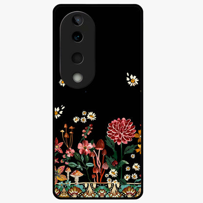 Midnight Bloom Pattern Glass Case showing flat back view with dark floral pattern artwork and glossy glass finish.