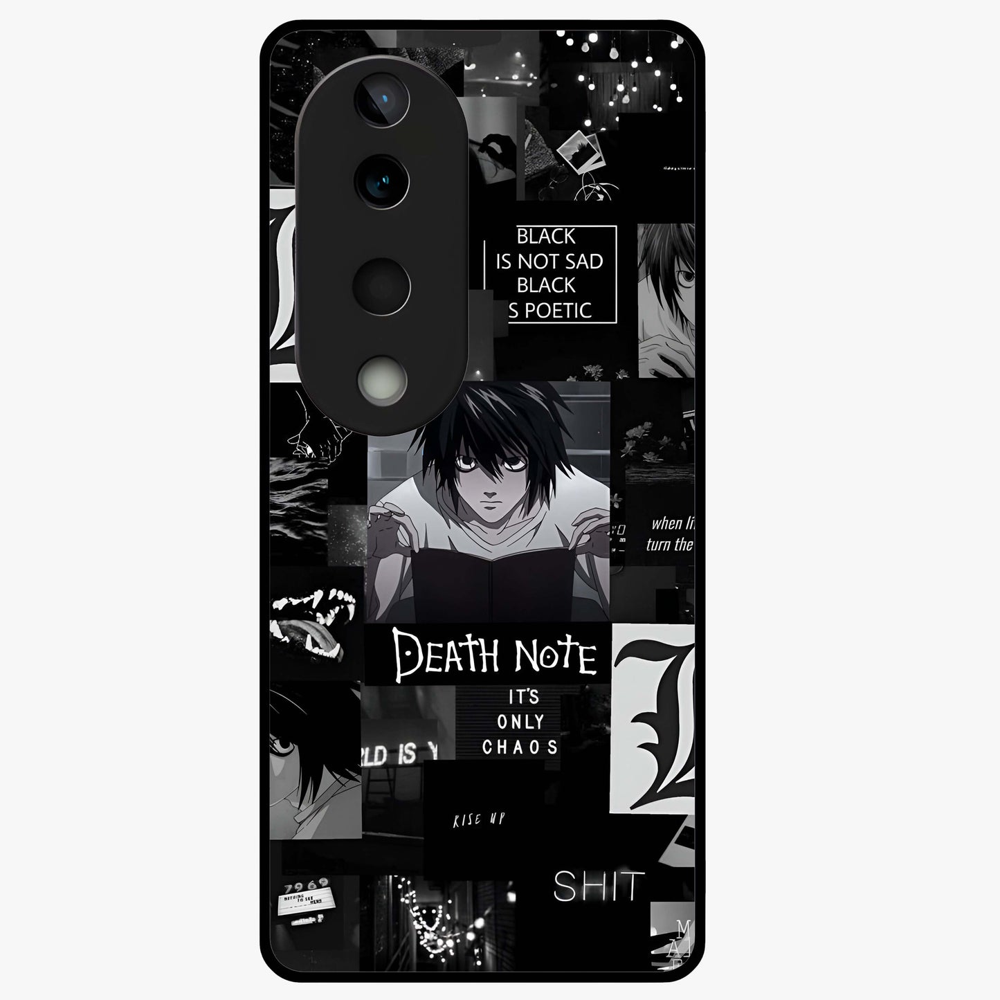 Midnight Chaos Mind Glass Case showing flat back view with abstract dark themed artwork and glossy glass finish.