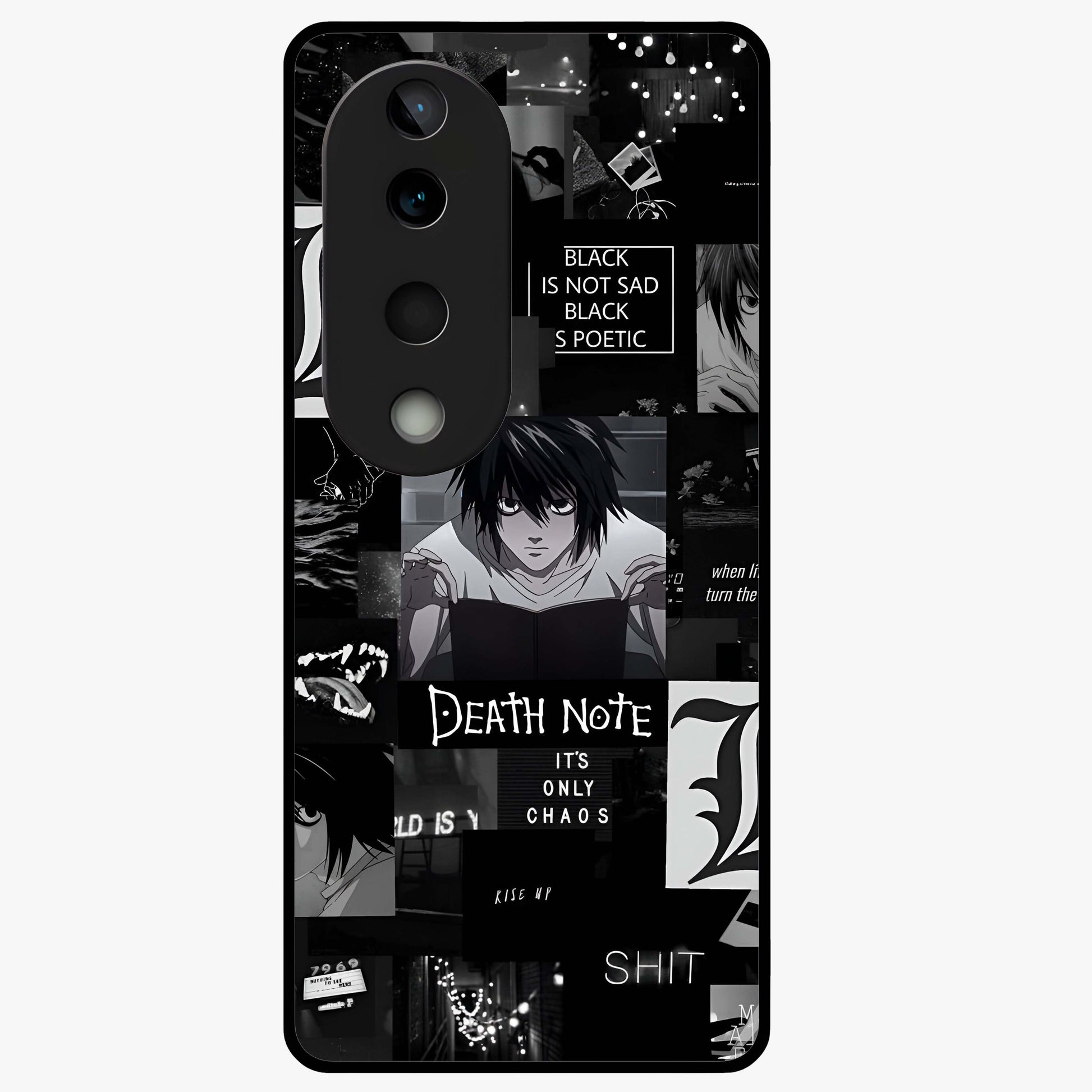 Midnight Chaos Mind Glass Case showing flat back view with abstract dark themed artwork and glossy glass finish.