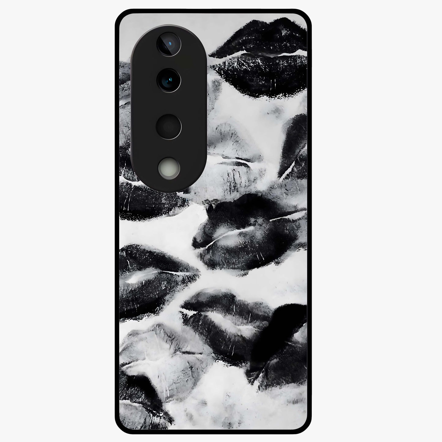 Midnight Kiss Marks Glass Case showing flat back view with lipstick kiss mark artwork and glossy glass finish.