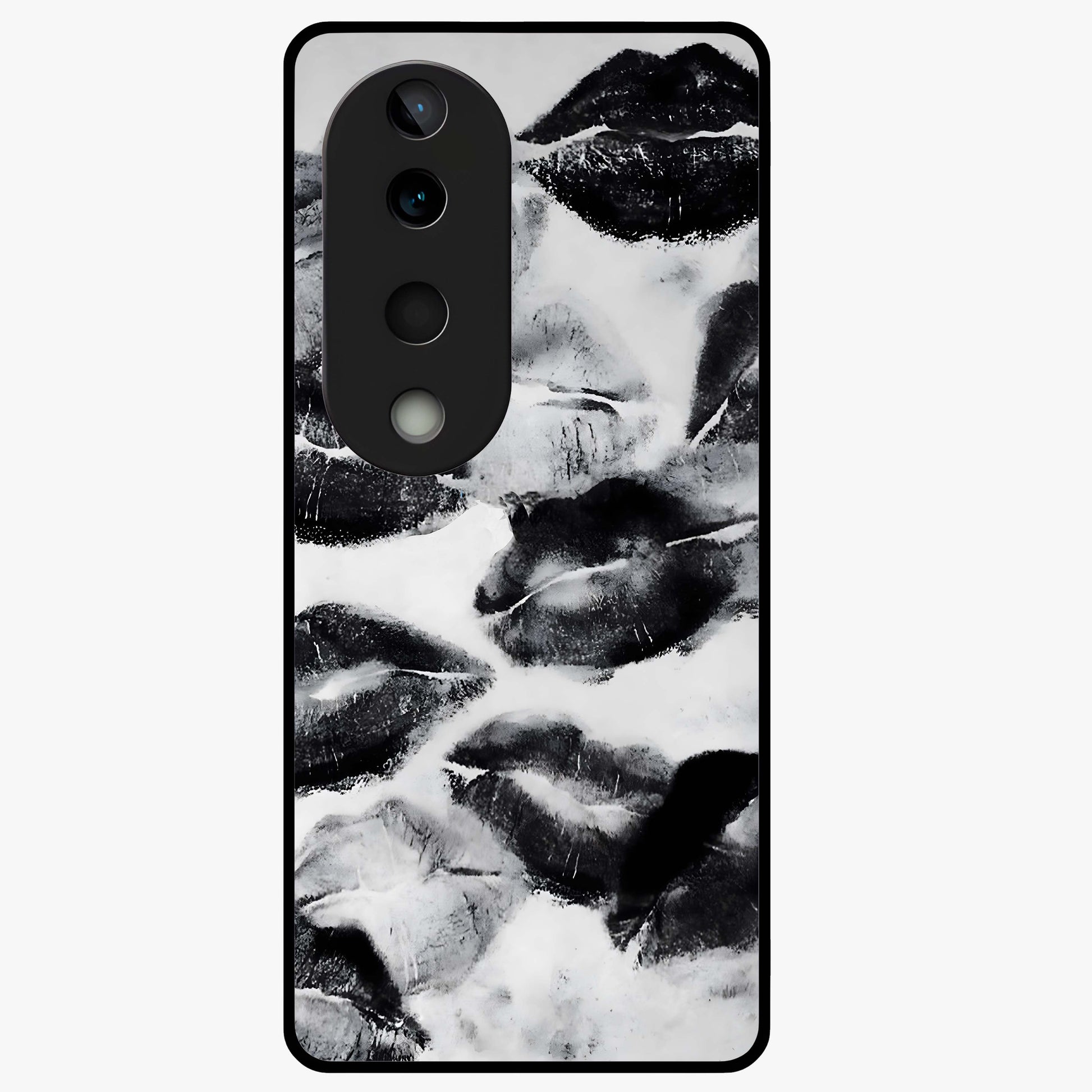 Midnight Kiss Marks Glass Case showing flat back view with lipstick kiss mark artwork and glossy glass finish.