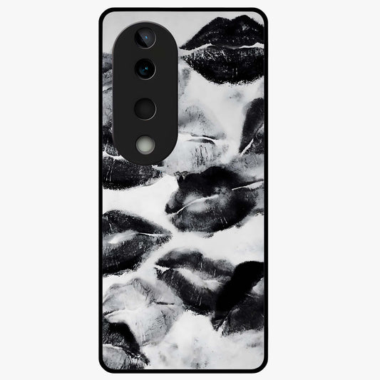 Midnight Kiss Marks Glass Case showing flat back view with lipstick kiss mark artwork and glossy glass finish.