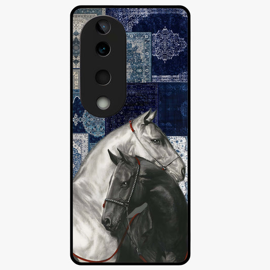 Midnight Stallion Blues Glass Case showing flat back view with majestic horse artwork and glossy glass finish.