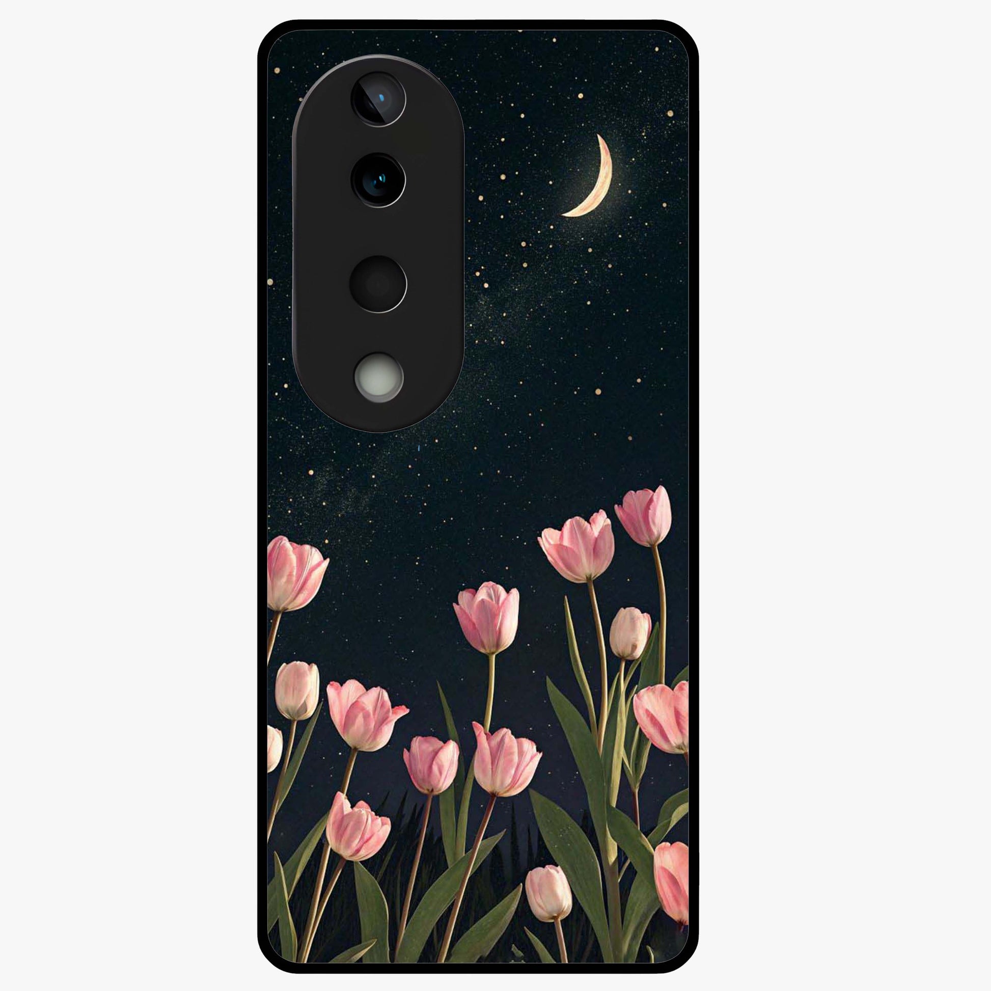 Midnight Tulip Whispers Vibe Glass Case showing flat back view with elegant tulip flower artwork and glossy glass finish.
