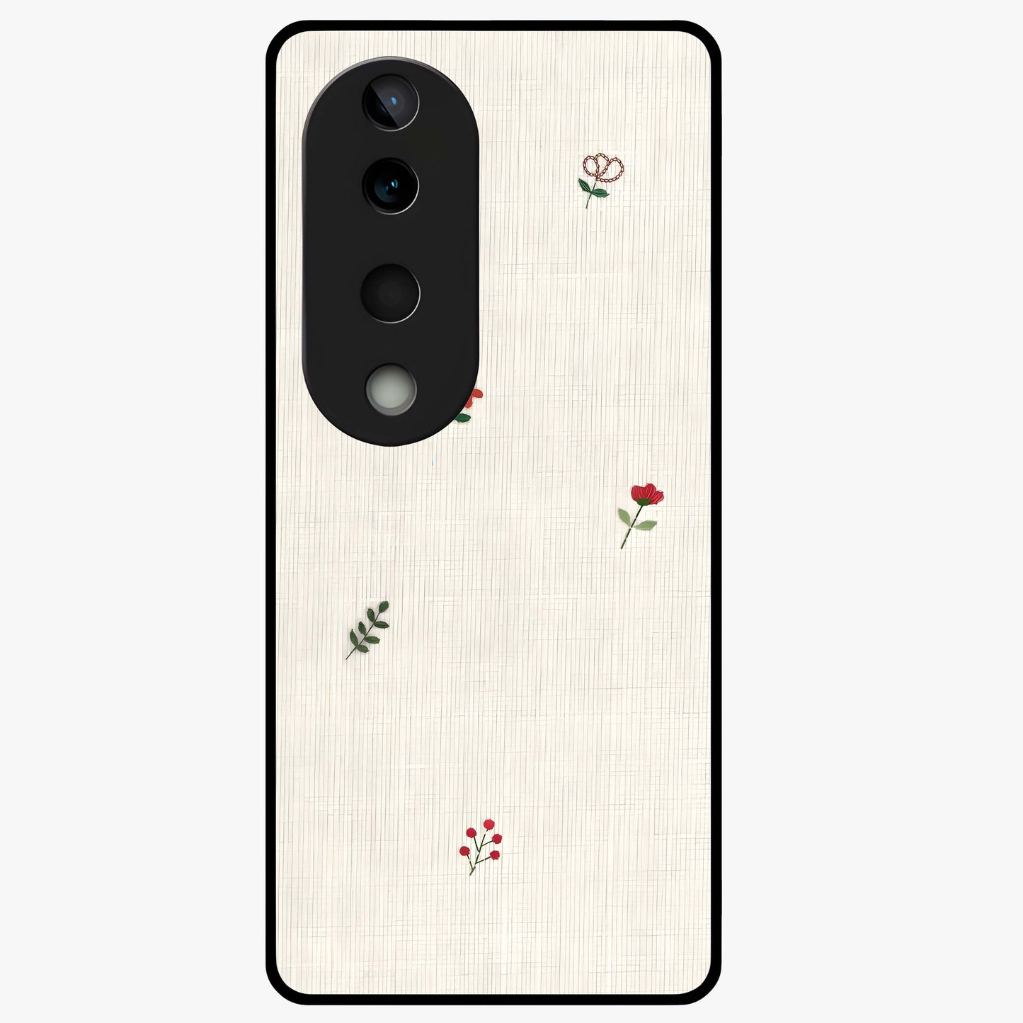 Minimal Petal Whispers Glass Case showing flat back view with soft minimal floral artwork and glossy glass finish.