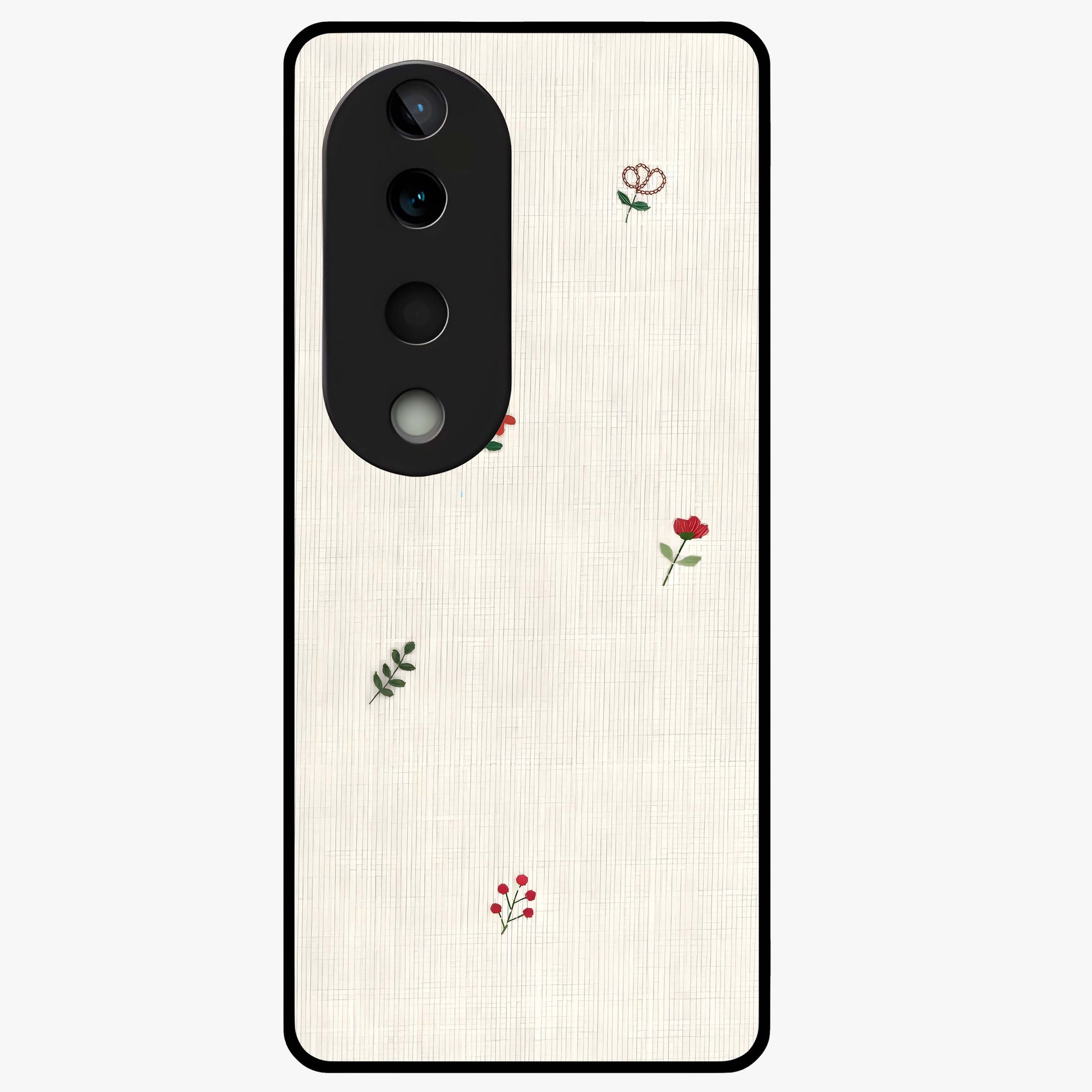 Minimal Petal Whispers Glass Case showing flat back view with soft minimal floral artwork and glossy glass finish.