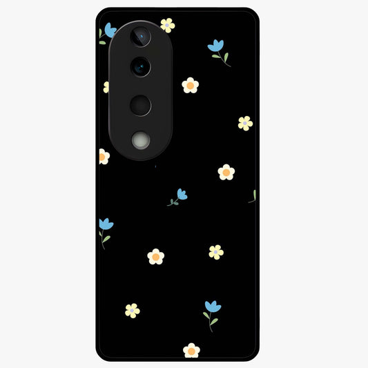 Minimalistic Blue With White Flower Pattern Glass Case showing flat back view with blue background and white flower pattern and glossy glass finish.