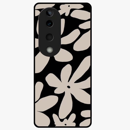Monochrome Petal Dance Glass Case showing flat back view with monochrome floral artwork and glossy glass finish.