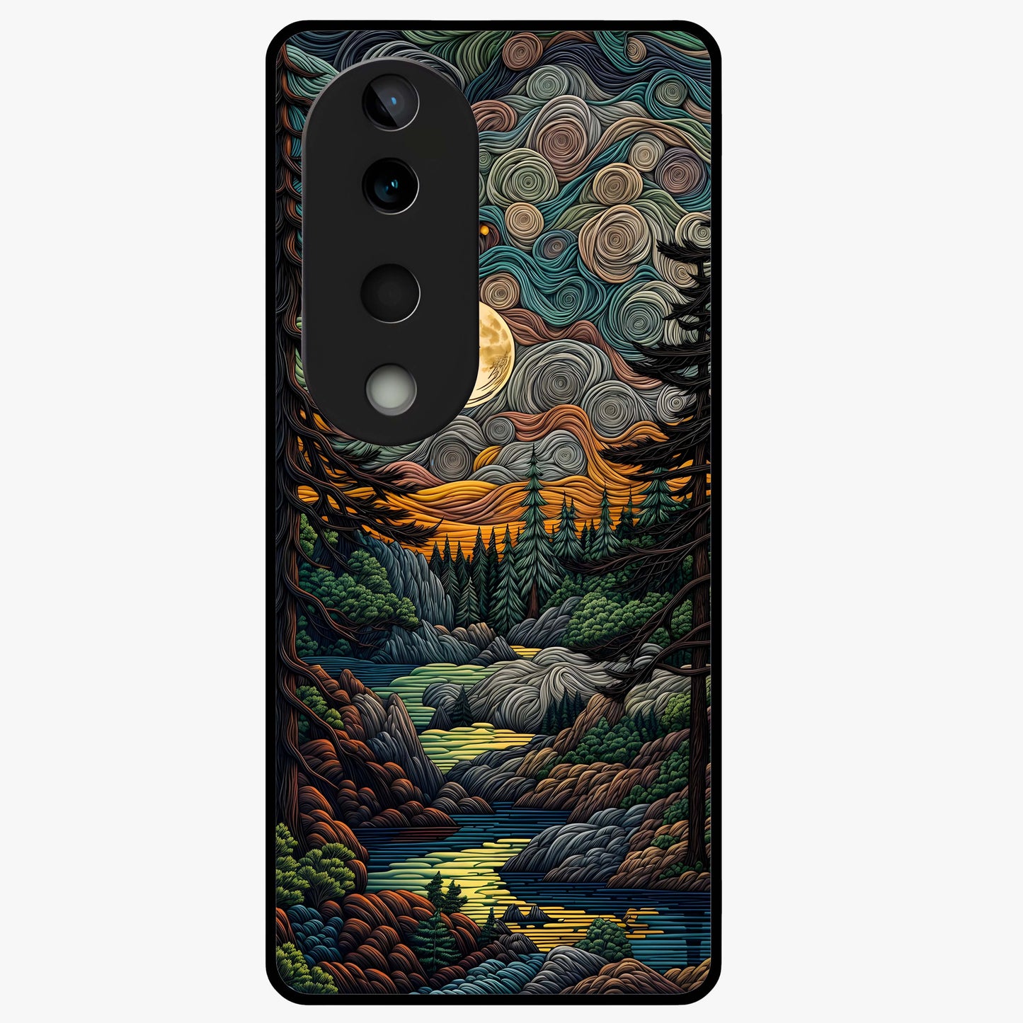 Moonlight Forest Dream Glass Case showing flat back view with mystical forest moonlight artwork and glossy glass finish.