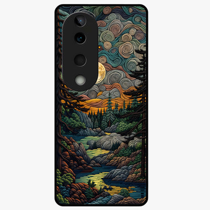 Moonlight Forest Dream Glass Case showing flat back view with mystical forest moonlight artwork and glossy glass finish.