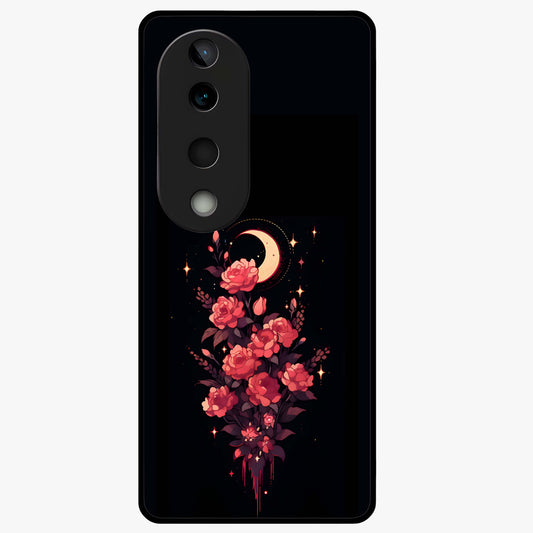 Moonlit Floral Elegance Glass Case showing flat back view with elegant floral artwork under moonlit tones and glossy glass finish.