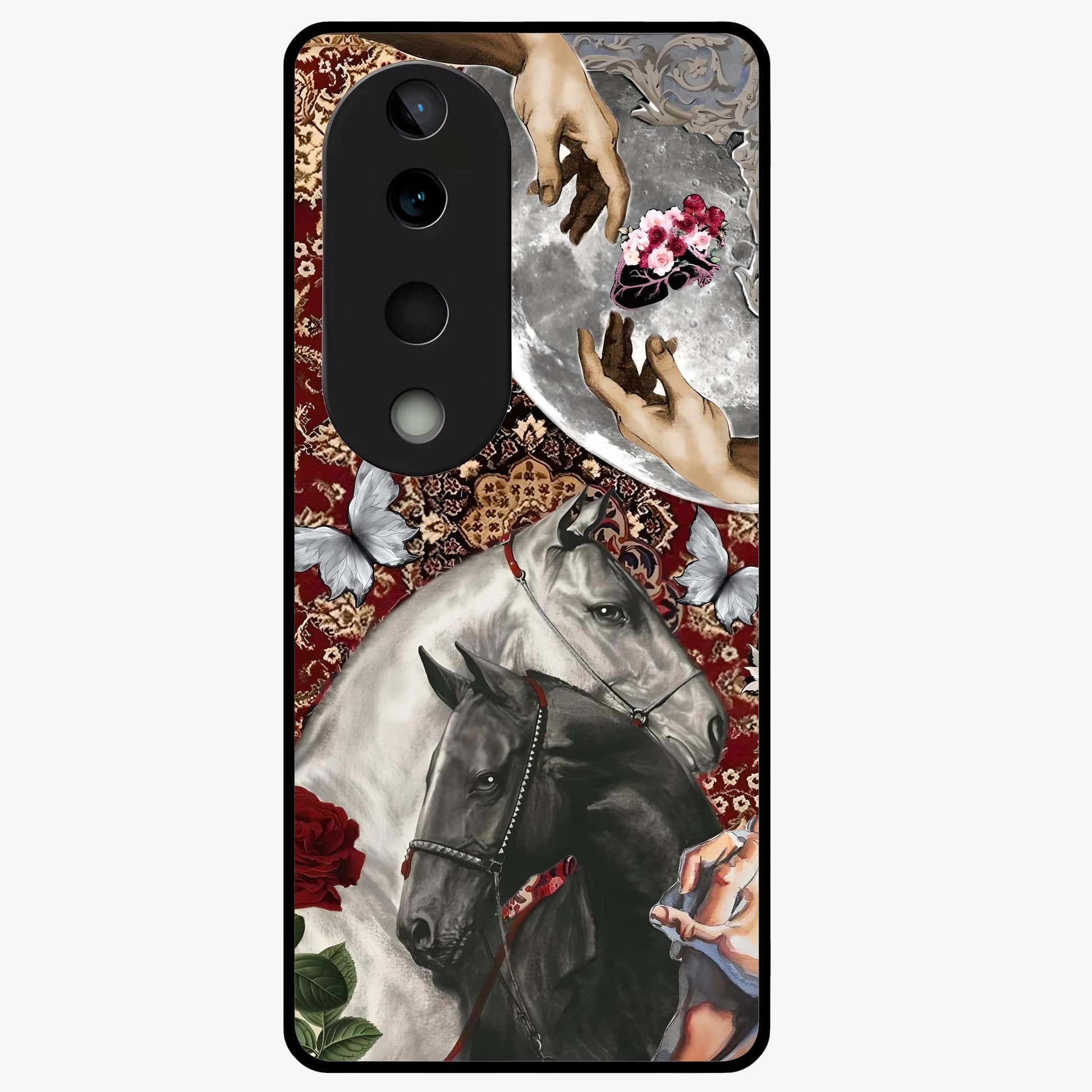 Moonlit Royal Stallion Glass Case showing flat back view with majestic horse under moonlight artwork and glossy glass finish.