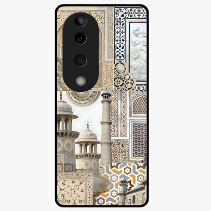 Mughal Marble Legacy Glass Case showing flat back view with intricate Mughal inspired marble pattern and glossy glass finish.