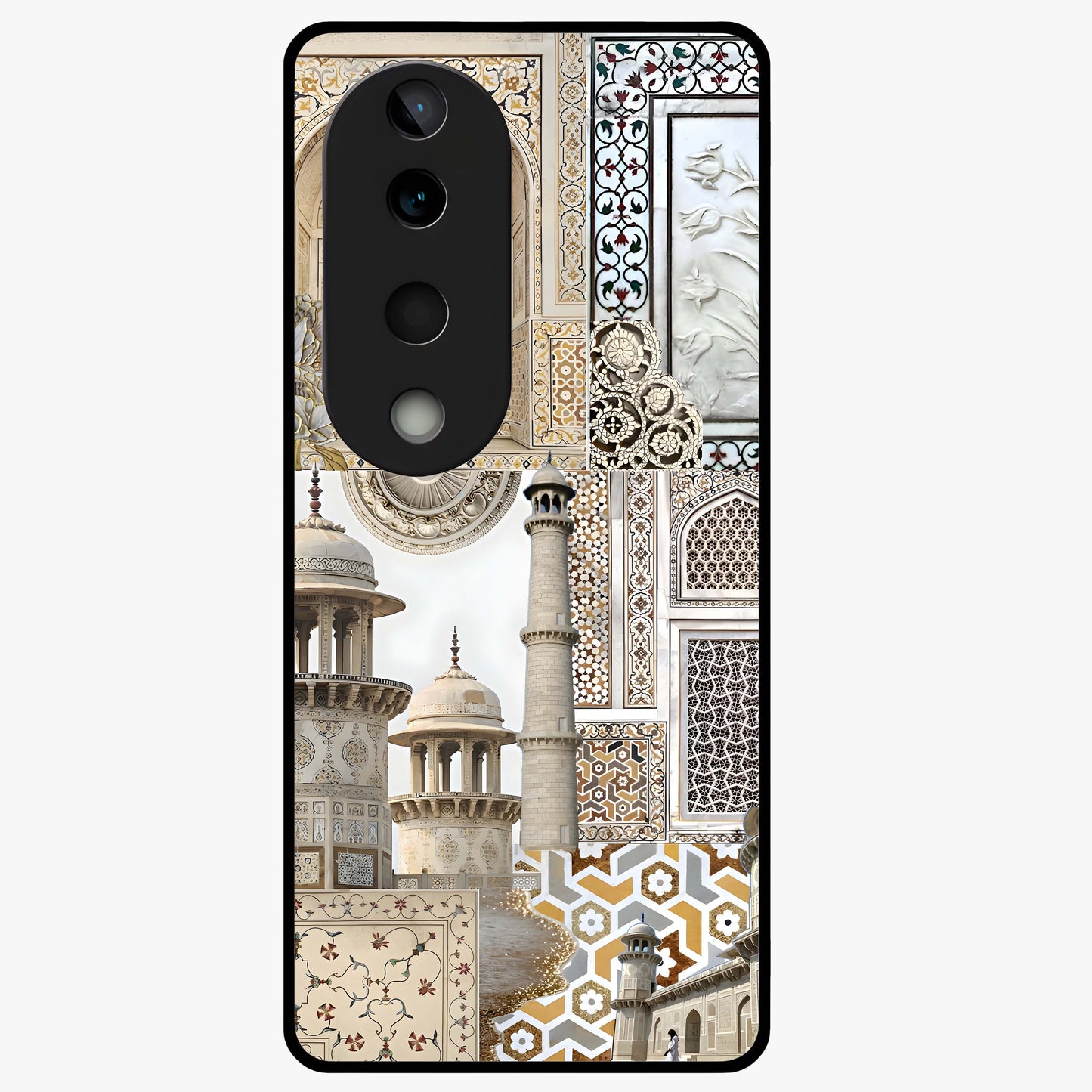 Mughal Marble Legacy Glass Case showing flat back view with intricate Mughal inspired marble pattern and glossy glass finish.