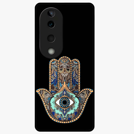 Mystic Hamsa Eye Glass Case showing flat back view with protective hamsa hand and evil eye artwork and glossy glass finish.