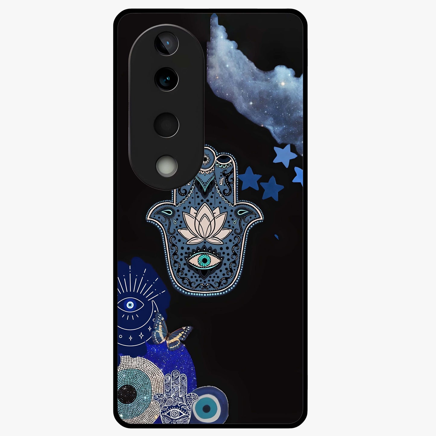 Mystic Hand Aura Glass Case showing flat back view with mystical hand symbol artwork and glossy glass finish.