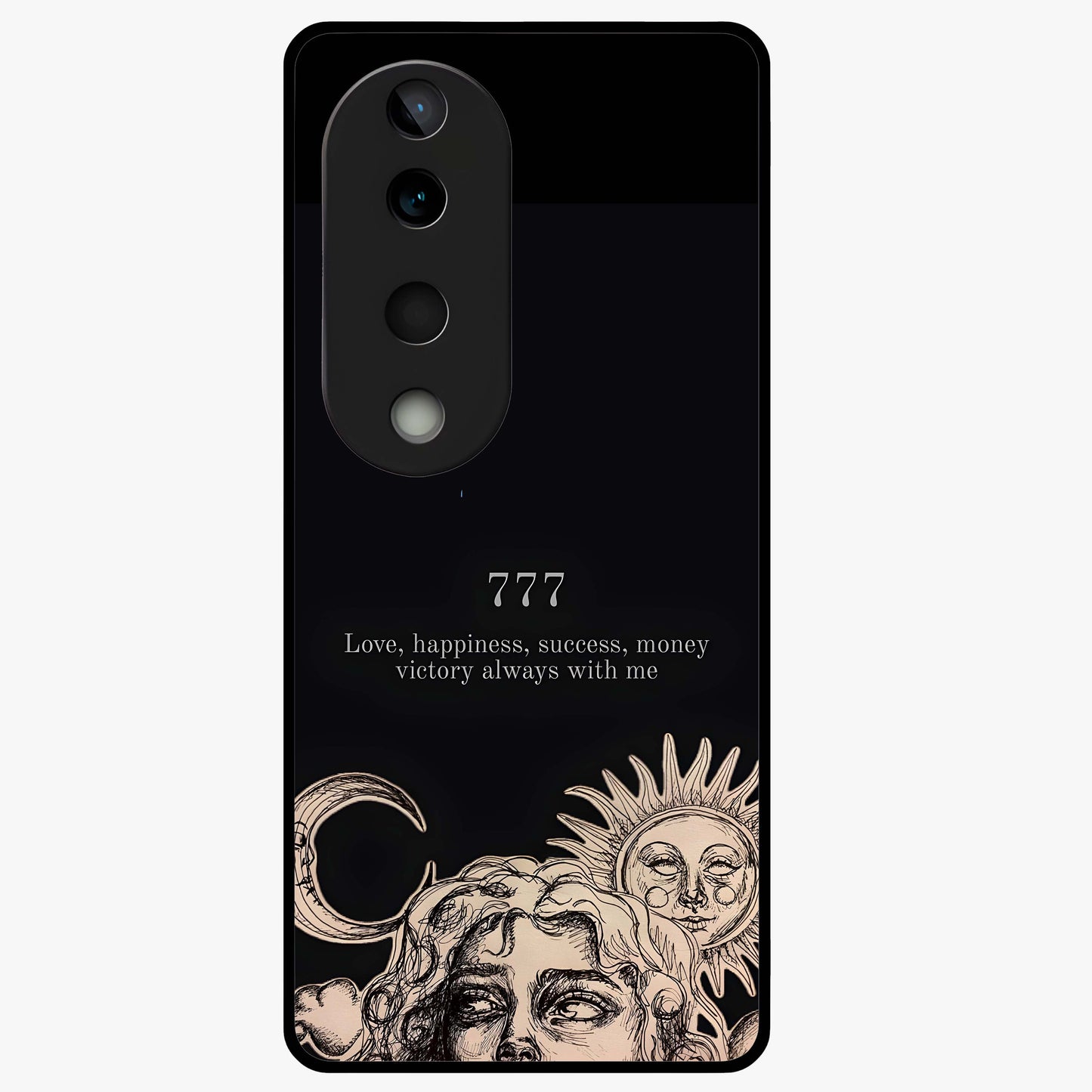 Mystic Victory Aura Glass Case showing flat back view with victory symbol artwork and glossy glass finish.