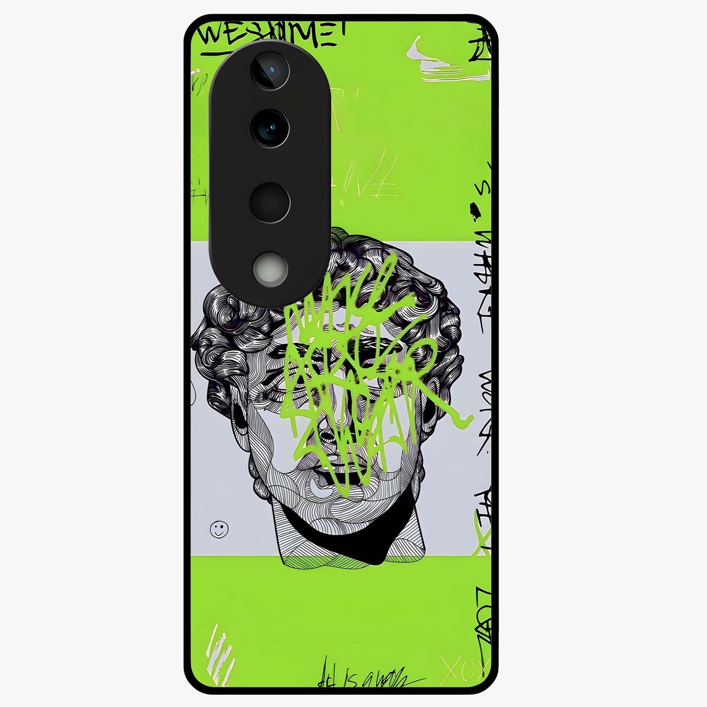 Neo Graffiti Rebellion Glass Case showing flat back view with vibrant graffiti artwork and glossy glass finish.