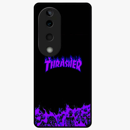 Neon Flame Riot Glass Case showing flat back view with neon flame artwork and glossy glass finish.