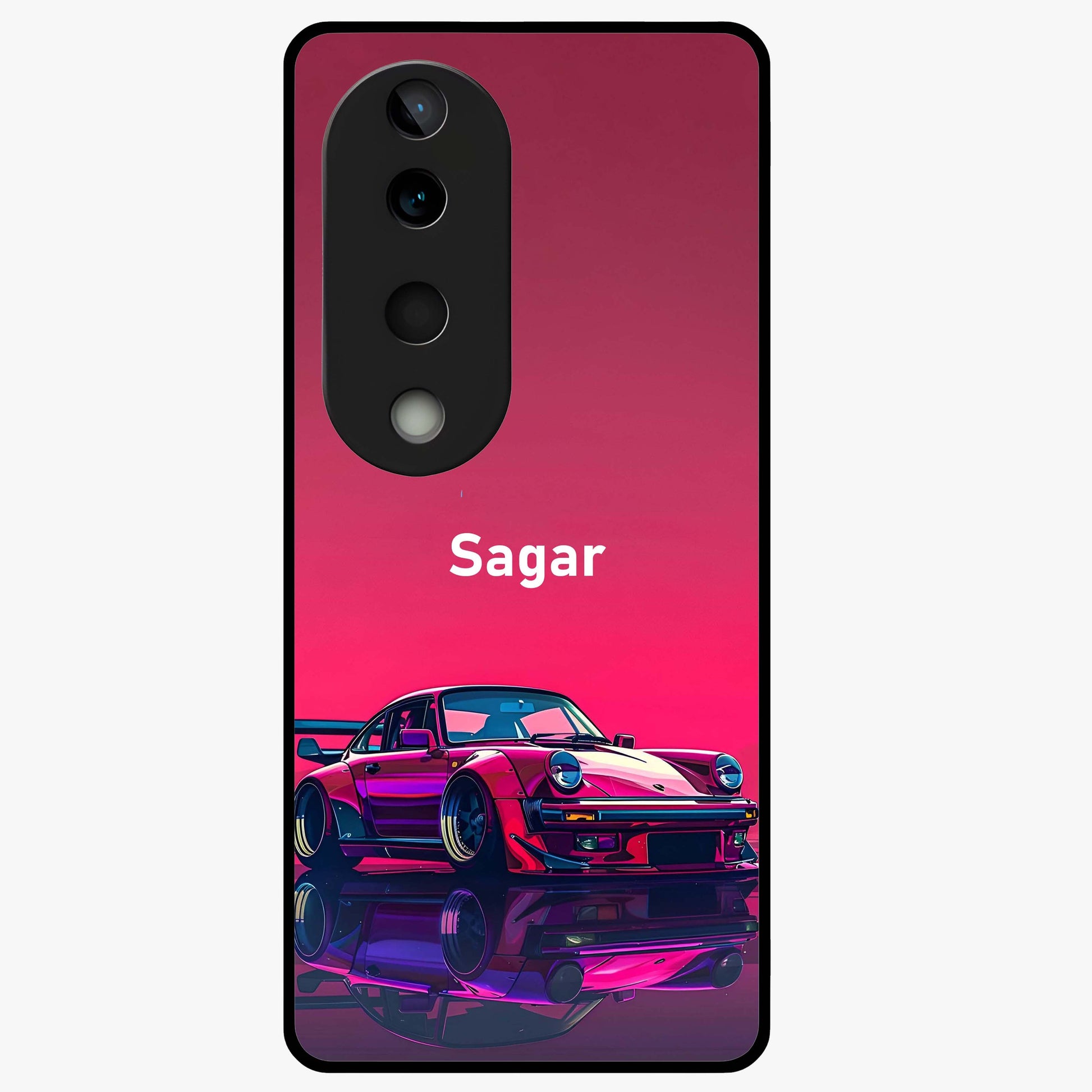 Neon Pink Porsche Glass Case showing flat back view with stylish sports car artwork and glossy glass finish.