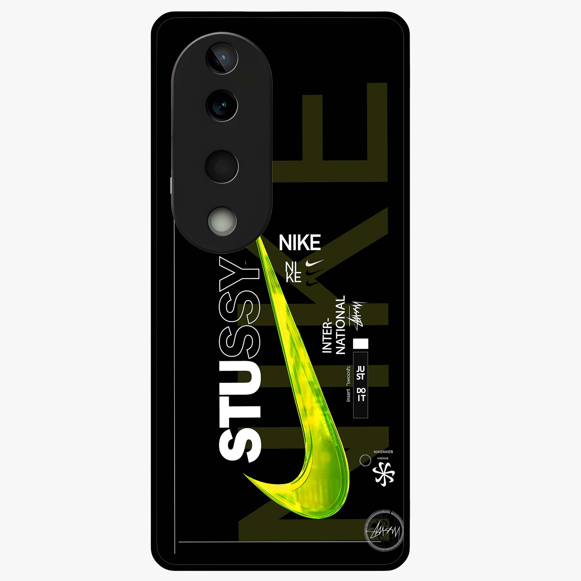 Neon Street Edition Glass Case showing flat back view with neon street style artwork and glossy glass finish.