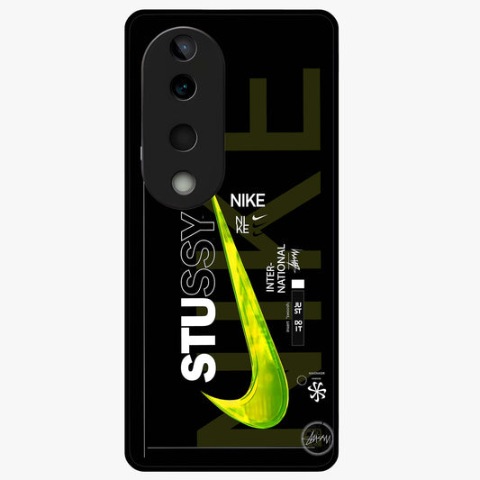 Neon Street Edition Glass Case showing flat back view with neon street style artwork and glossy glass finish.