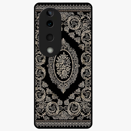 Noir Bloom Elegance Glass Case showing flat back view with elegant dark floral artwork and glossy glass finish.