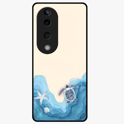 Ocean Drift Turtle Glass Case showing flat back view with sea turtle artwork and glossy glass finish.