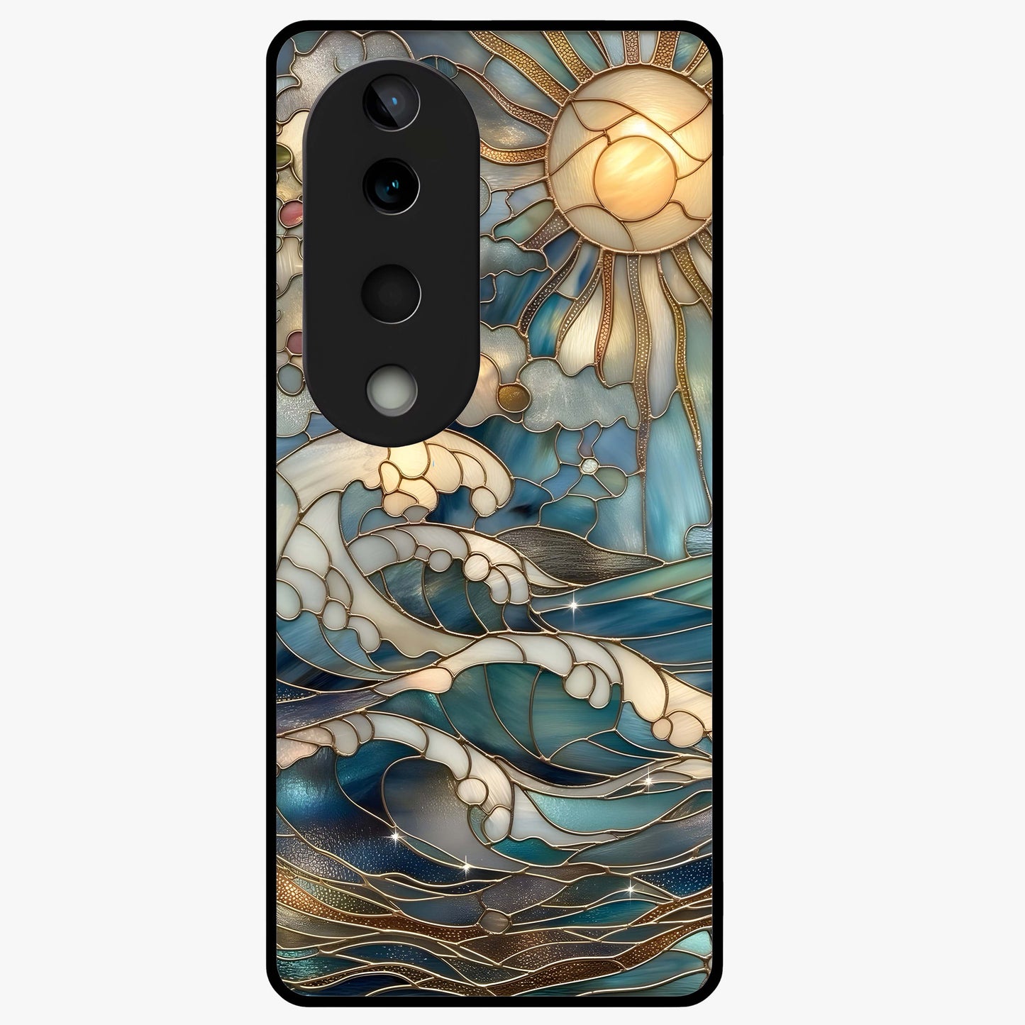 Oceanic Stained Printed Glass Case showing flat back view with ocean inspired stained pattern artwork and glossy glass finish.