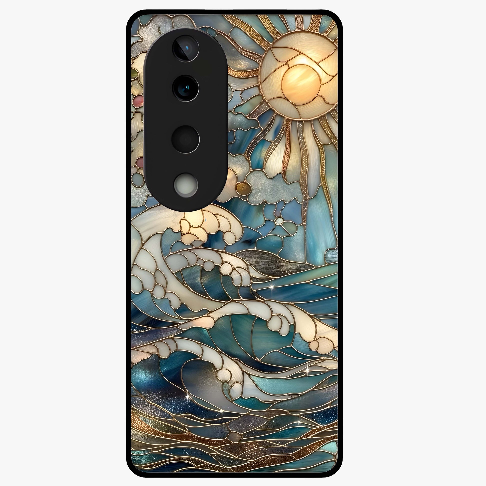 Oceanic Stained Printed Glass Case showing flat back view with ocean inspired stained pattern artwork and glossy glass finish.