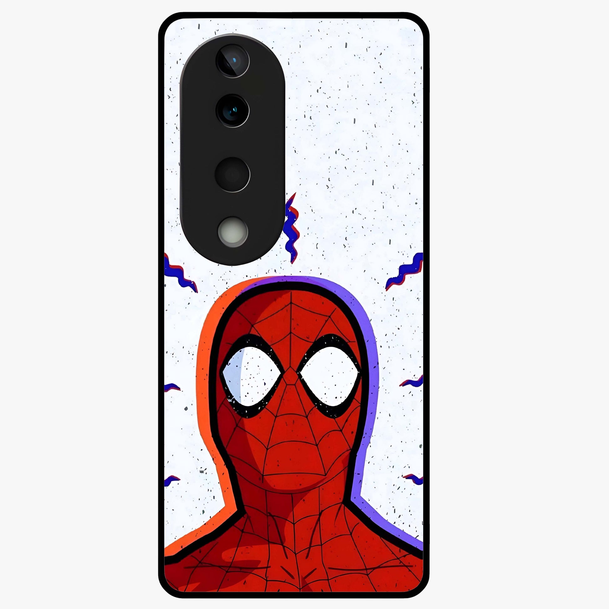 Omg Spiderman Glass Case showing flat back view with bold superhero inspired artwork and glossy glass finish.